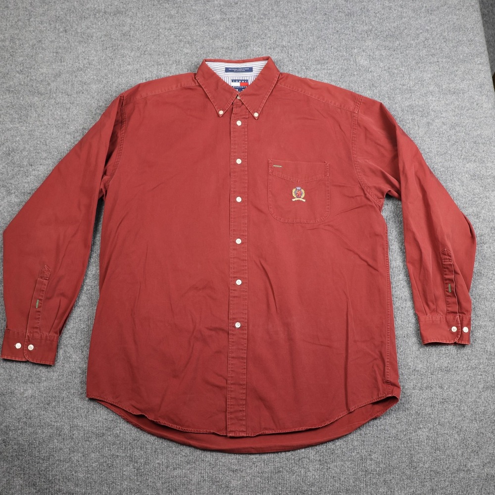 Tommy Hilfiger Shirt Mens Large Red Button Down Long Sleeve Pocket Crest Logo